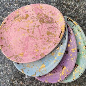 222 Fifth Easter Egg Shaped Plates Set of 4 Midnight Marbled Multicolor Pastel